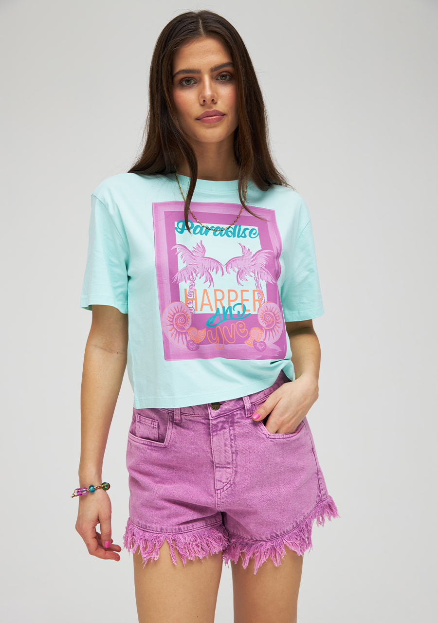 Harper & Yve T-shirt cropped Paradise HS24D311 Licht blauw